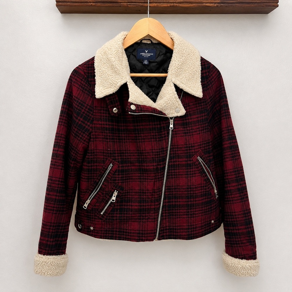 American Eagle Red Black Plaid Moto Jacket Faux Shearling Trim Women Large